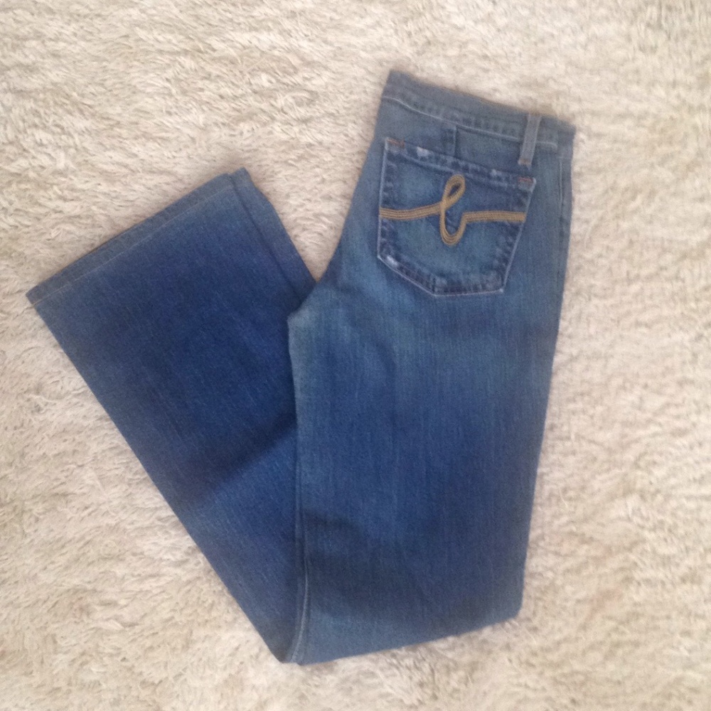 Y2k bebe logo medium wash low rise boot cut flare denim jeans